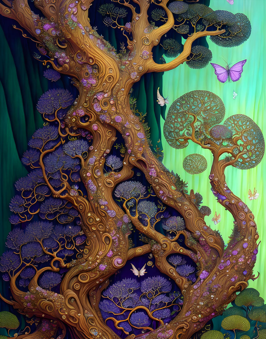 Colorful illustration of a whimsical, vibrant fantasy tree with intricate branches and butterflies