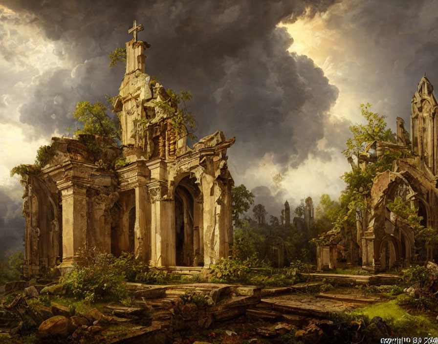 Dramatic painting of ruined church in stormy setting