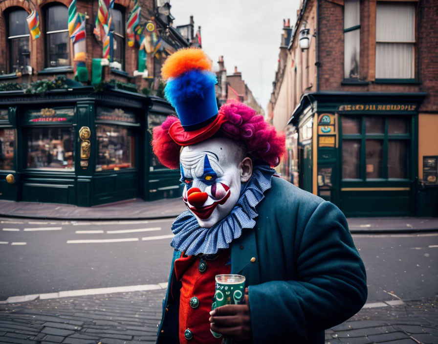 Colorful clown with drink in pub street scene