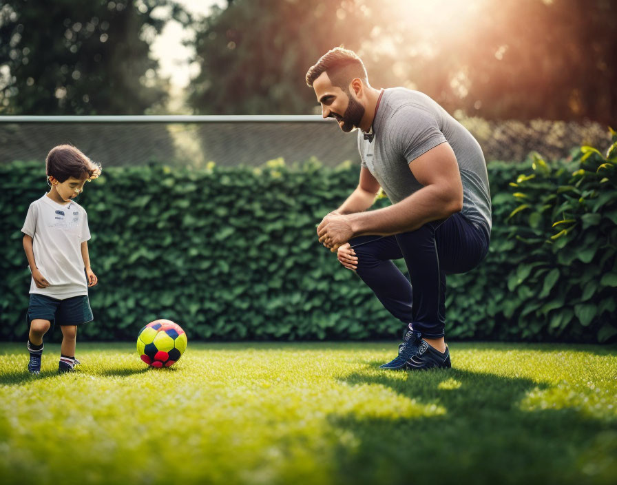 Man watching child kick colorful soccer ball on grass field