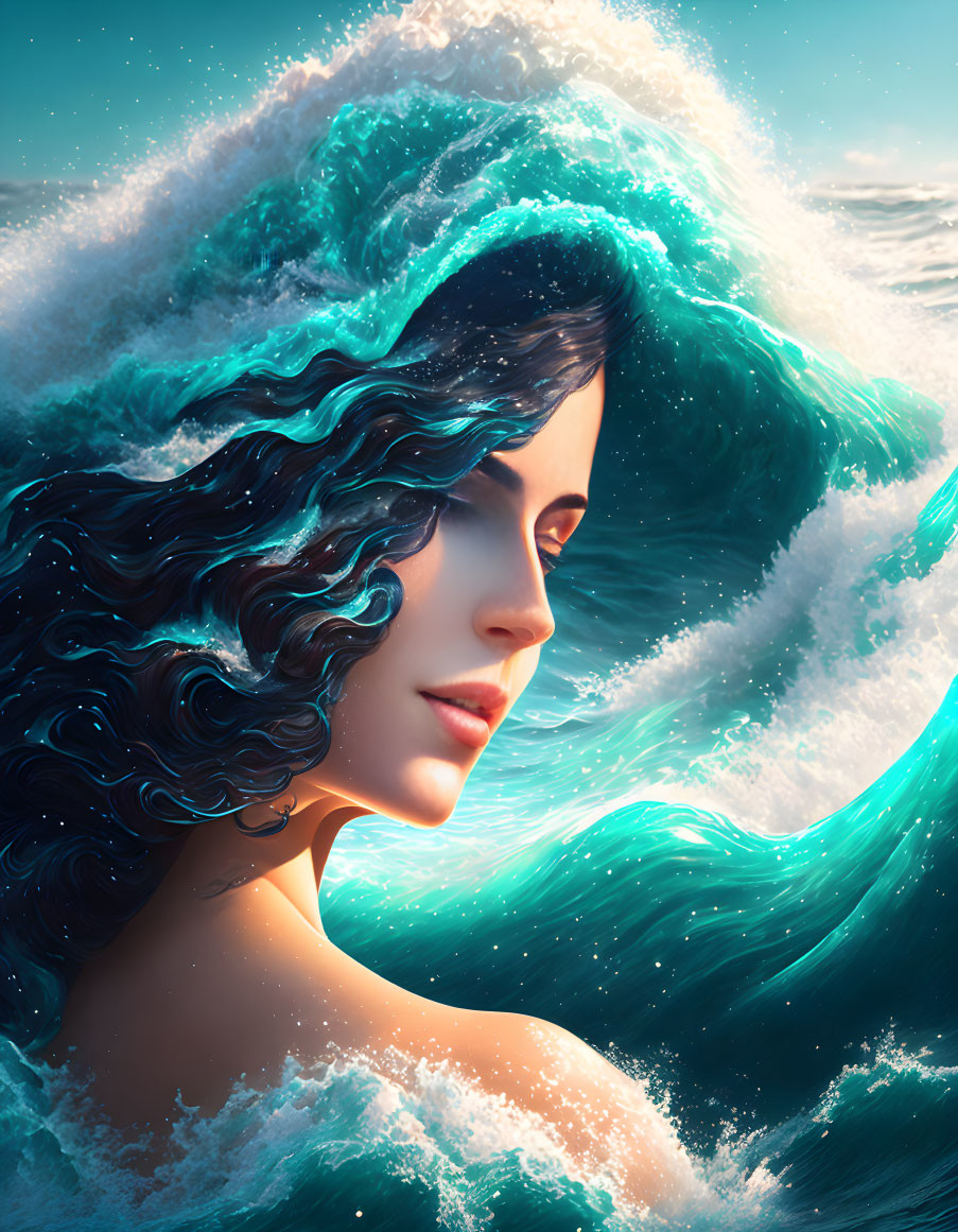 Profile of a woman merging with ocean waves under a luminous sky