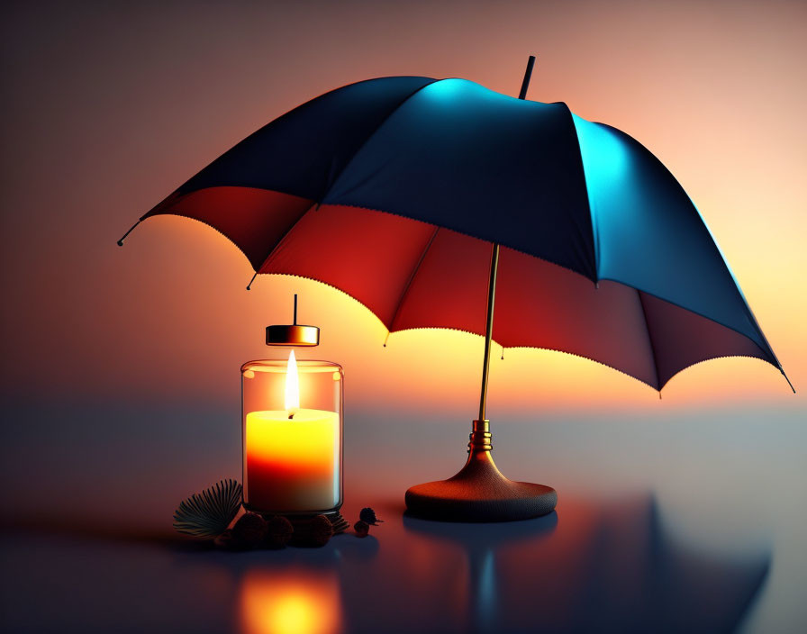 Candle in glass holder next to umbrella stand on orange background