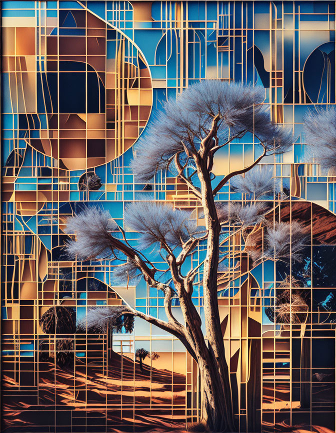 Abstract geometric patterns blend with natural scenery in surreal image