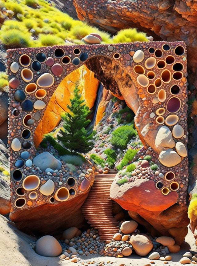 Surreal archway with bubble-like frame in desert canyon