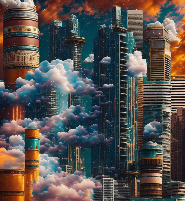 Surreal cityscape with towering skyscrapers under orange and blue sky