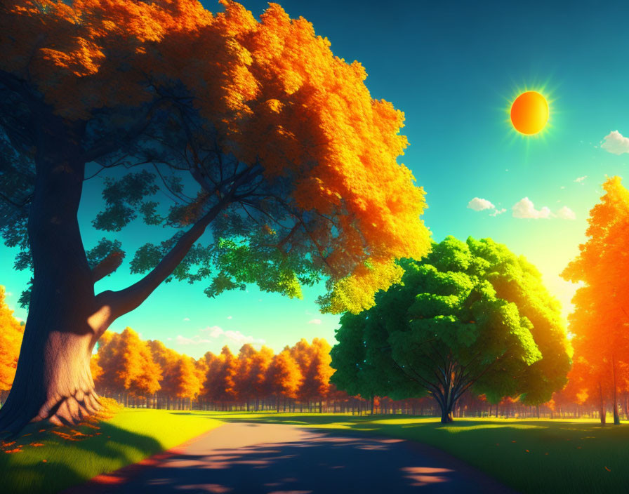 Colorful digital landscape art with orange trees, blue sky, and sunlit pathway