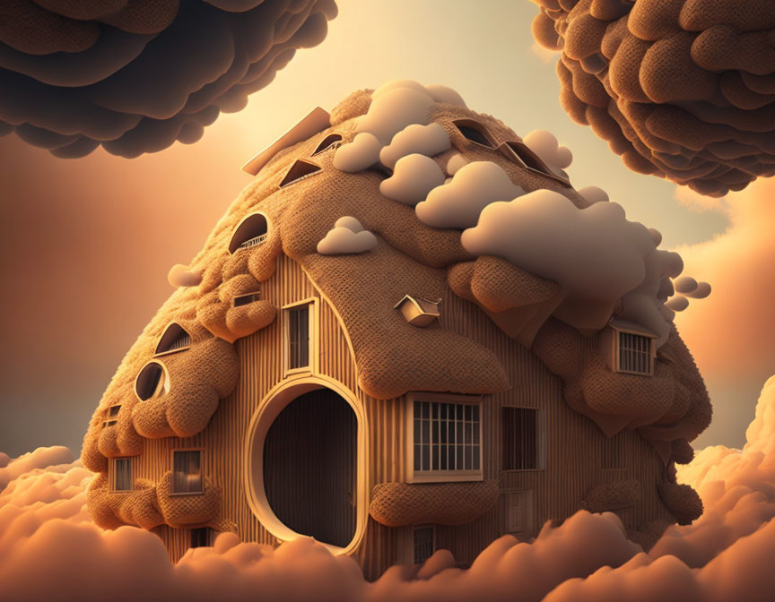 Whimsical spherical mushroom house in dreamy sky