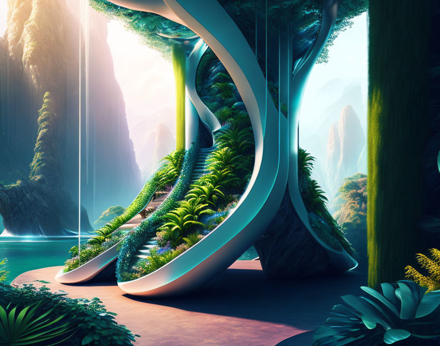 Serpentine futuristic architecture in lush forest with ethereal light shafts