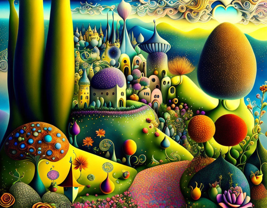 Fantastical landscape with whimsical structures and colorful vegetation