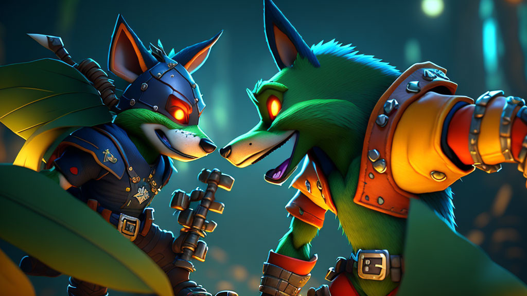 Anthropomorphic fox characters in futuristic armor face-off.