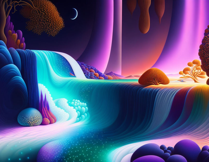 Digital Art: Vibrant Landscape with Neon Colors & Crescent Moon