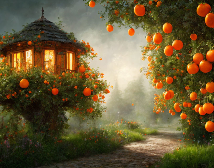 Wooden Gazebo Surrounded by Orange Trees and Misty Path