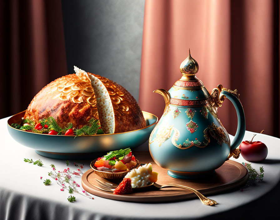 Chic dining arrangement with teapot, bread loaf, strawberries, pastry, and cheese