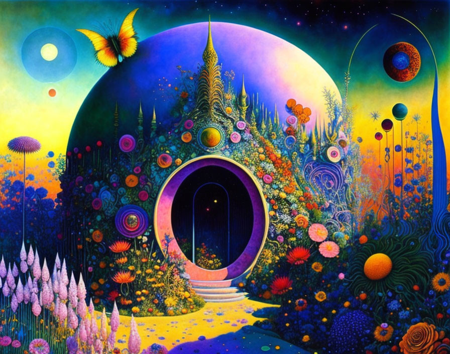 Psychedelic moonlit landscape with butterfly, floral doorway, and starry sky