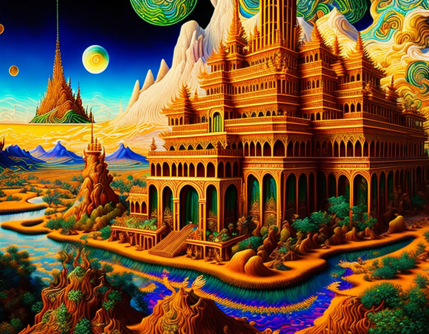 Fantastical golden palace in swirling skies and surreal landforms