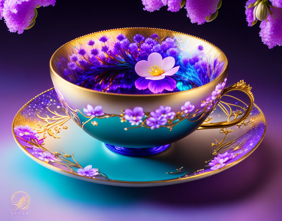 Ornate teacup with gold trim, blue fluid, and purple flowers on purple background