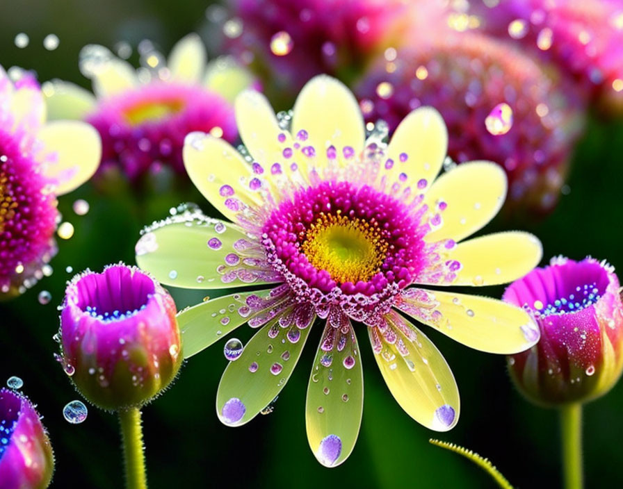 Close-up of Dew-Speckled Flower with Yellow Center and Purple-White Petals