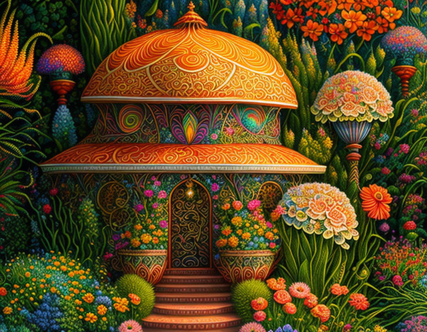 Orange Gazebo in Colorful Garden with Mushroom-like Plants