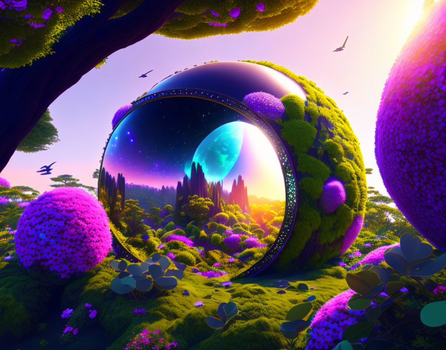 Surreal landscape with spherical structure, starry cosmos, lush flora, pink sky, and birds