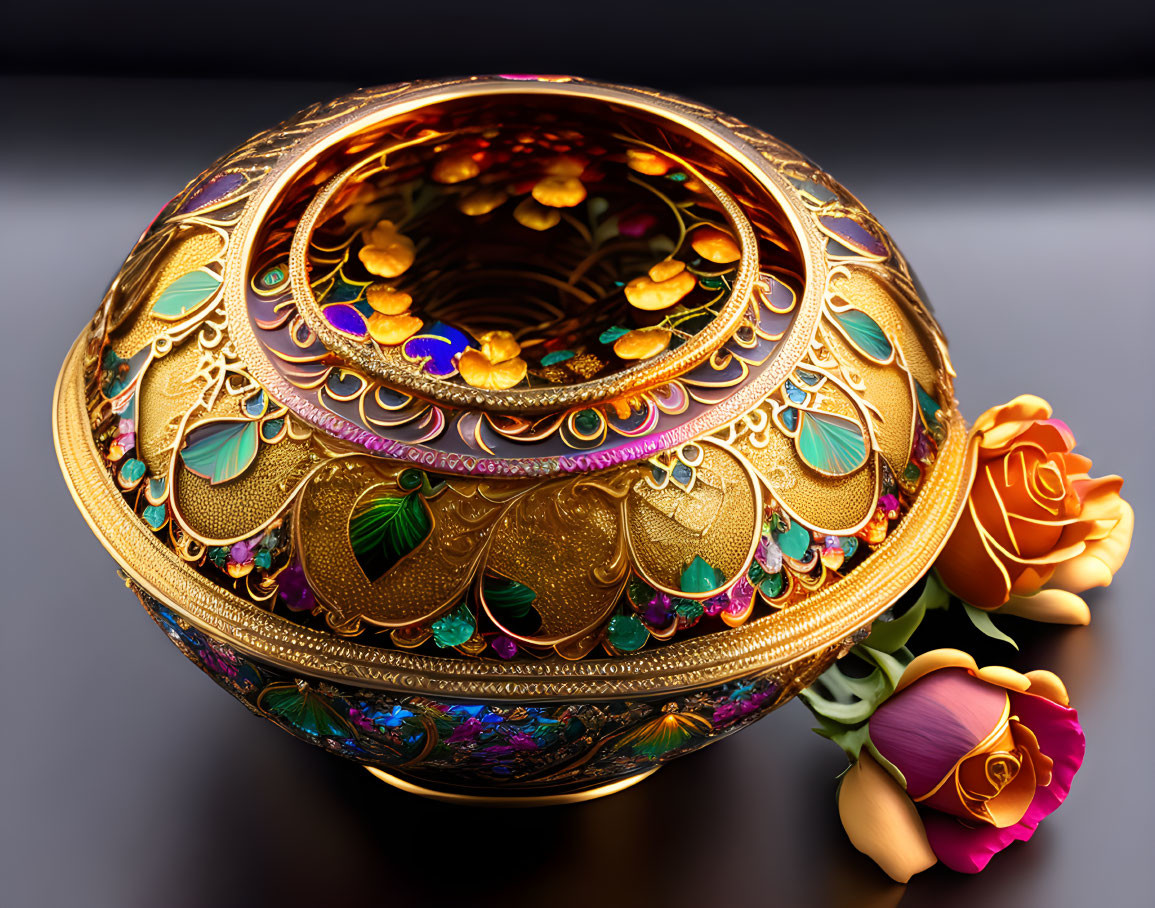Golden Filigree Sphere with Gemstones and Roses on Reflective Surface