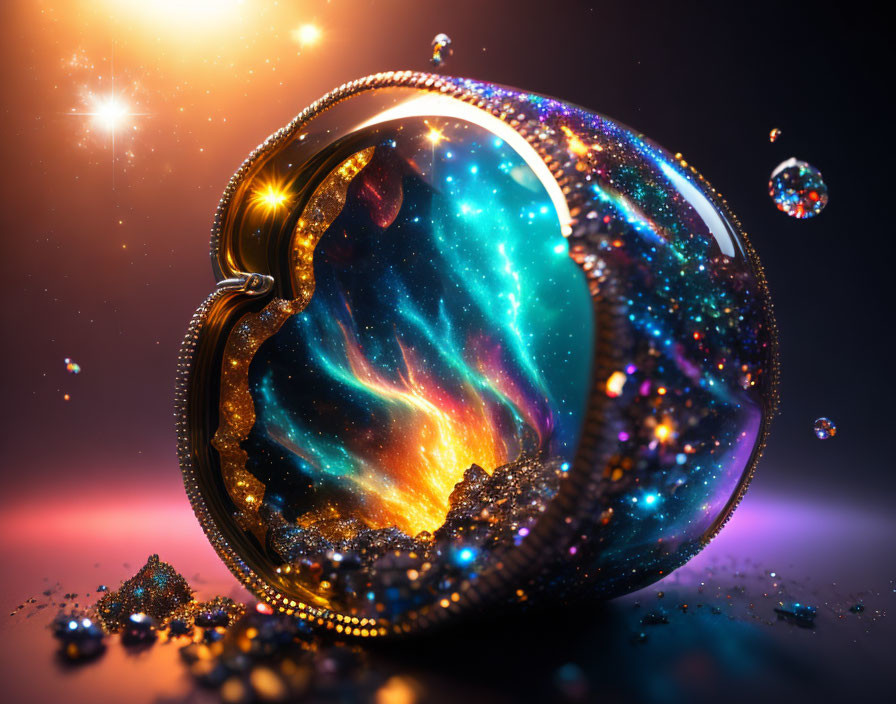 Heart-shaped locket displaying cosmic scene with stars and nebulae