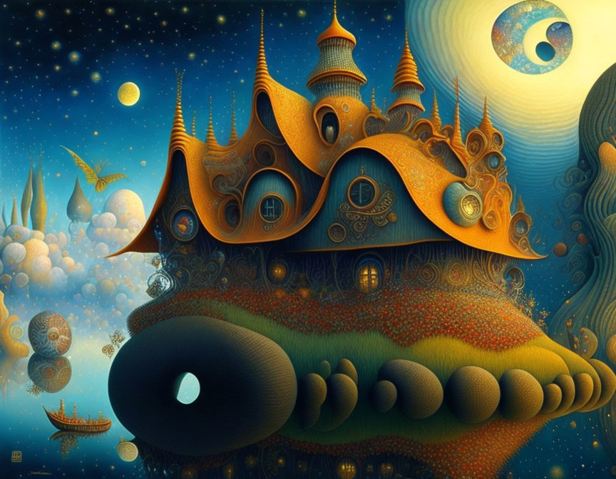 Whimsical castle in celestial landscape with vibrant fields