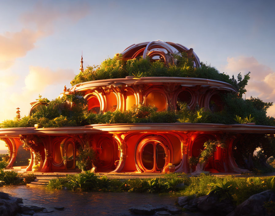 Fantasy-Inspired Architecture with Terracotta Roofs in Sunset Reflection