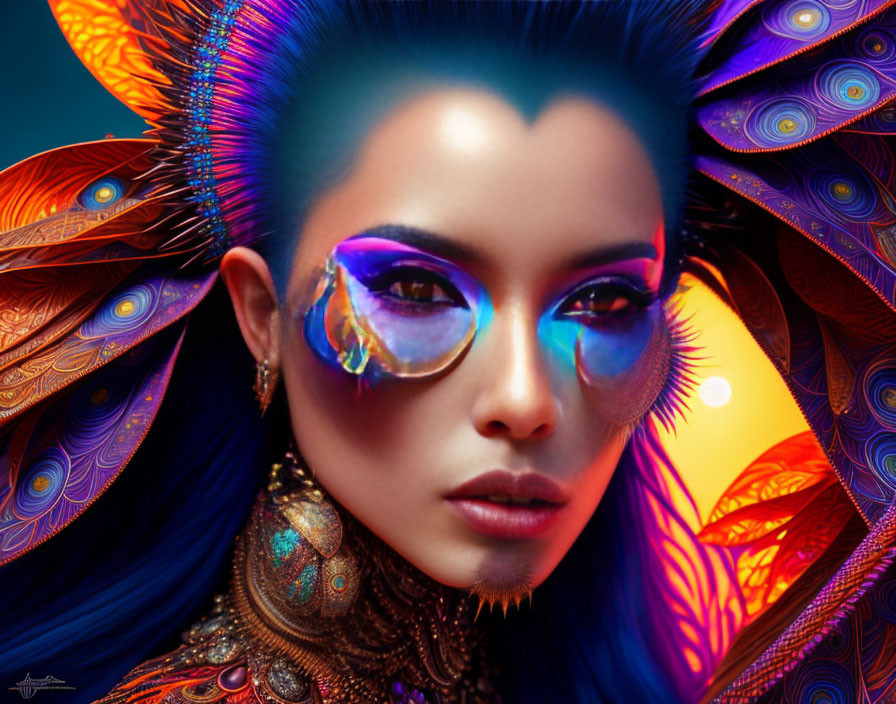 Vibrant digital portrait of a woman with peacock feather motifs, luminous makeup, and blue