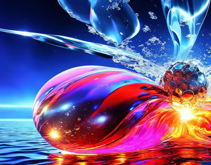 Reflective spherical object splashing in water on deep blue background