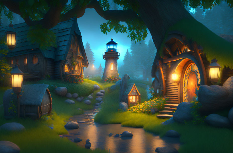 Twilight scene of a storybook village with quaint houses, lighthouse, and glowing windows