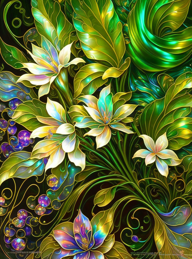 Colorful digital artwork of swirling greenery and fantastical flowers with white and iridescent accents.