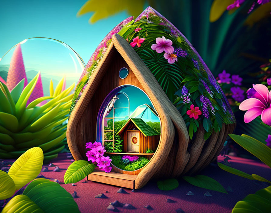 Colorful teardrop-shaped fantasy house illustration in magical garden.