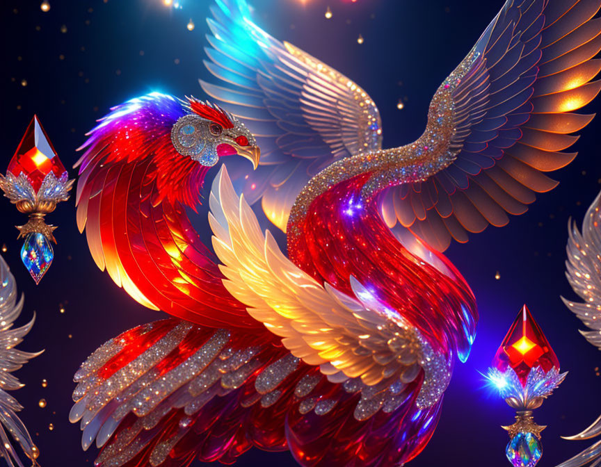 Vibrant Phoenix Artwork with Glittering Wings on Midnight Blue Background