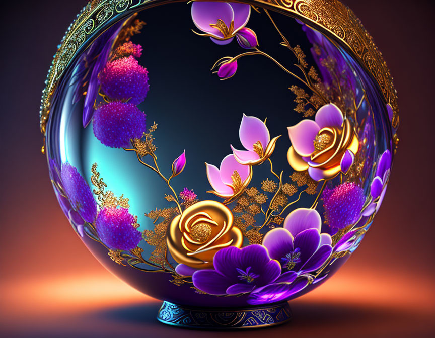 Golden floral patterns on vibrant sphere with purple blossoms