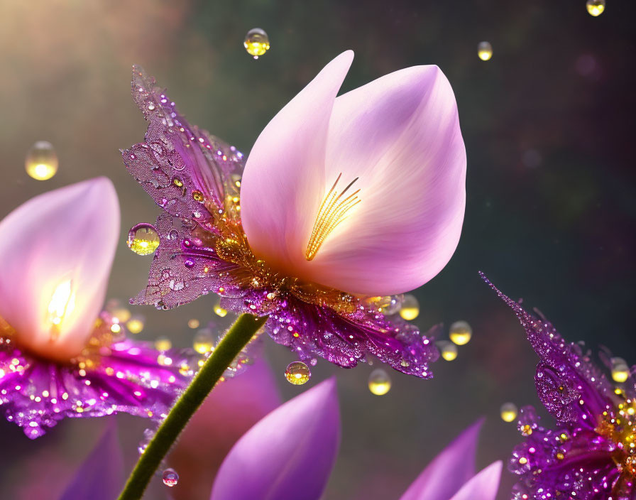 Delicate purple flower with dewdrops in ambient light