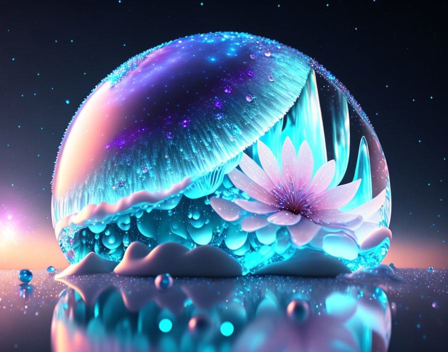 Blue-tinted jellyfish bubble with white flower in starry twilight landscape