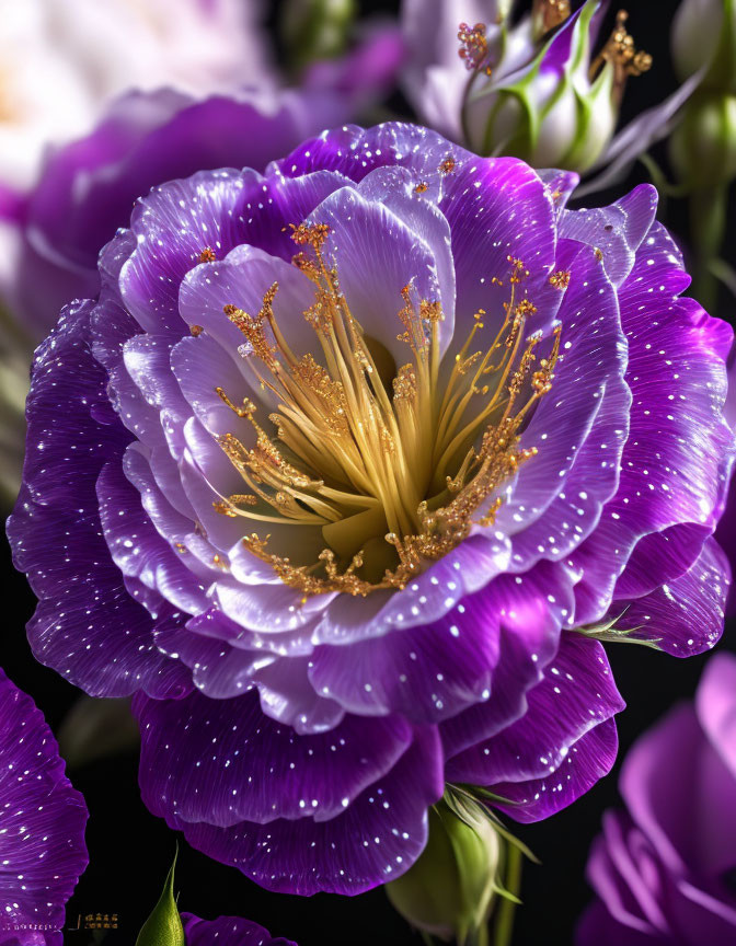 Vibrant purple and white flower with golden center and water droplets.