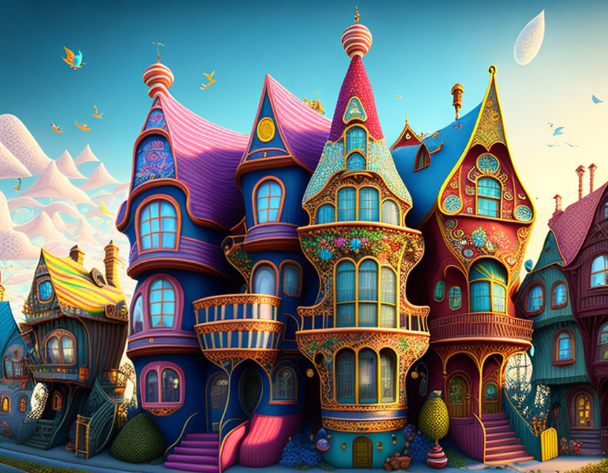 Whimsical cartoon houses against bright sky & crescent moon