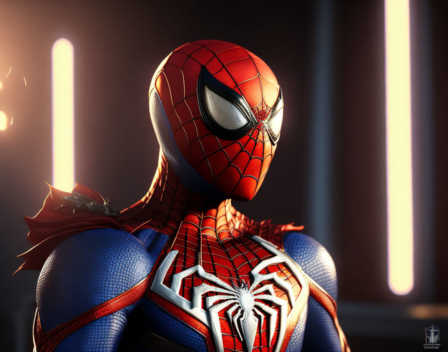 Detailed Close-Up of Spider-Man in Dramatic Backlit Suit