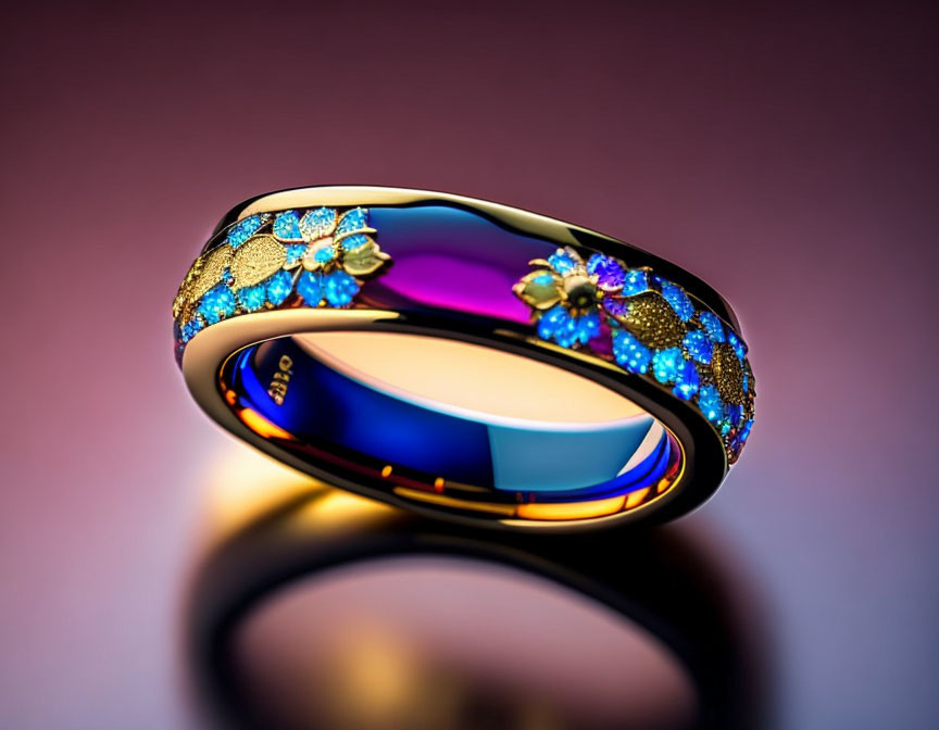 Luxurious Blue Floral Ring with Gold Accents on Reflective Surface