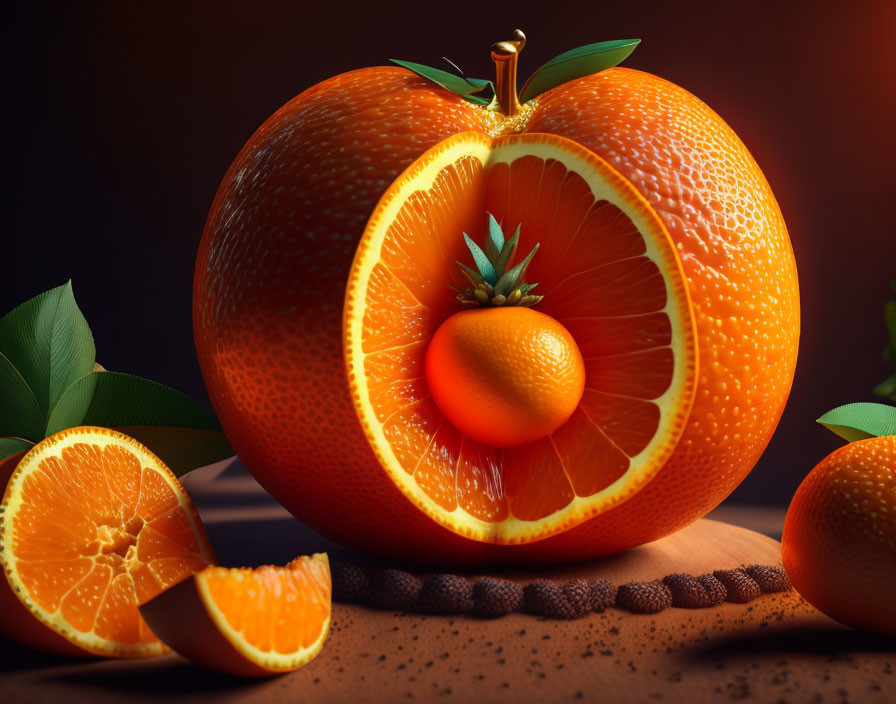 Orange with Cut Segment Showing Smaller Orange on Dark Background