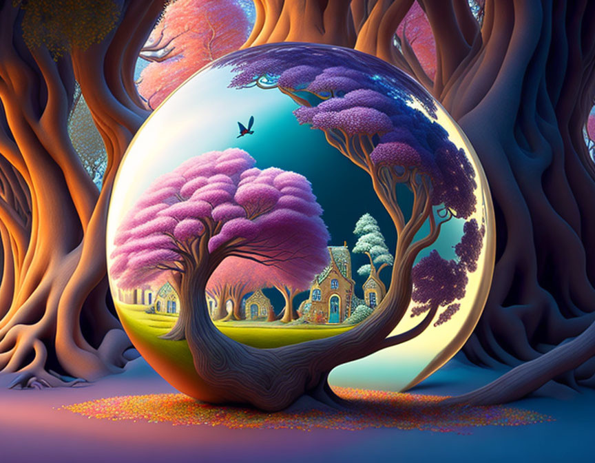 Colorful digital artwork: Reflective sphere in whimsical landscape