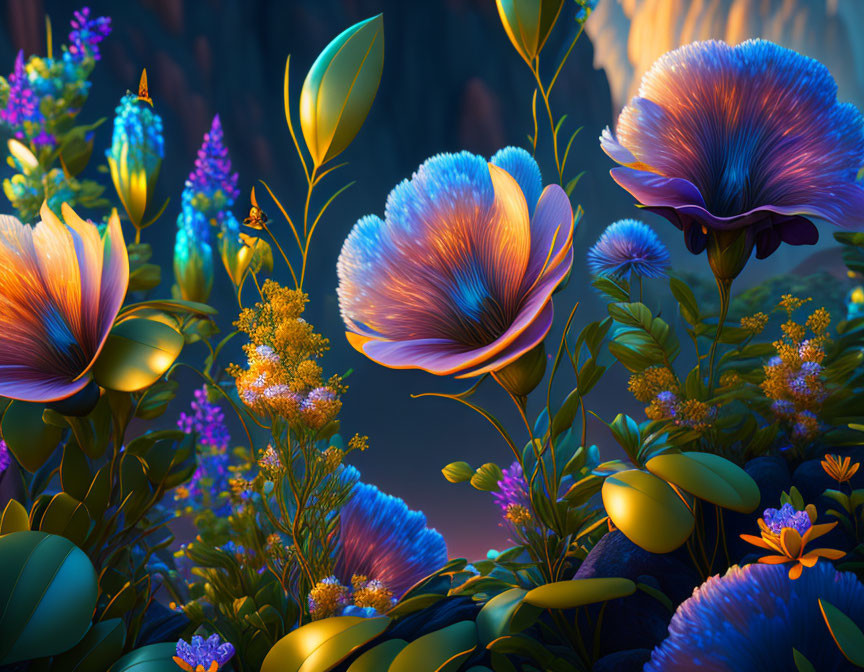 Fantastical garden digital artwork with oversized luminescent flowers and butterflies