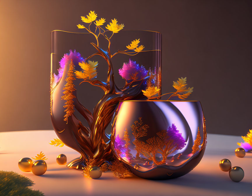 Glass vases with bronze tree-like embellishments and purple & orange leaves on reflective surface