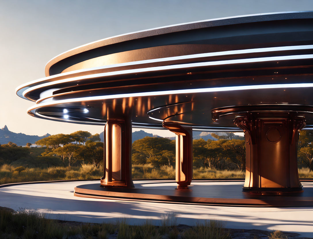 Futuristic metallic building with circular structures and copper pillars in savannah sunset landscape