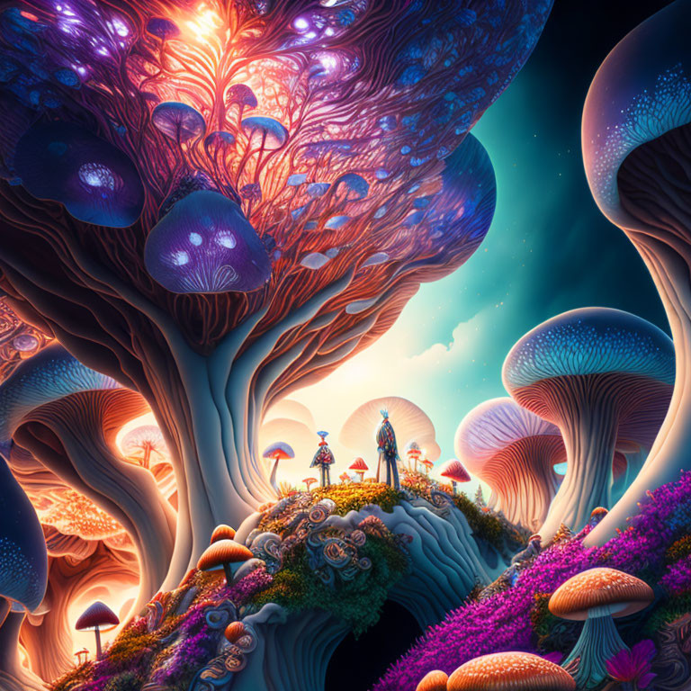 Vibrant otherworldly landscape with colossal mushroom-like trees