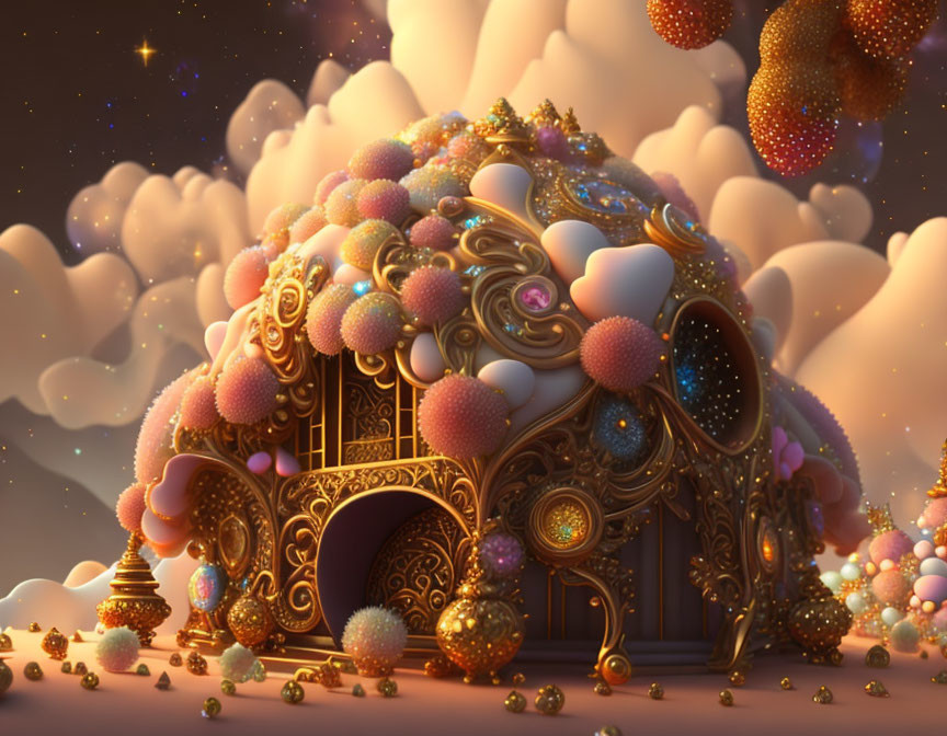 Golden ornate structure in dreamy sky with colorful orbs & fluffy clouds