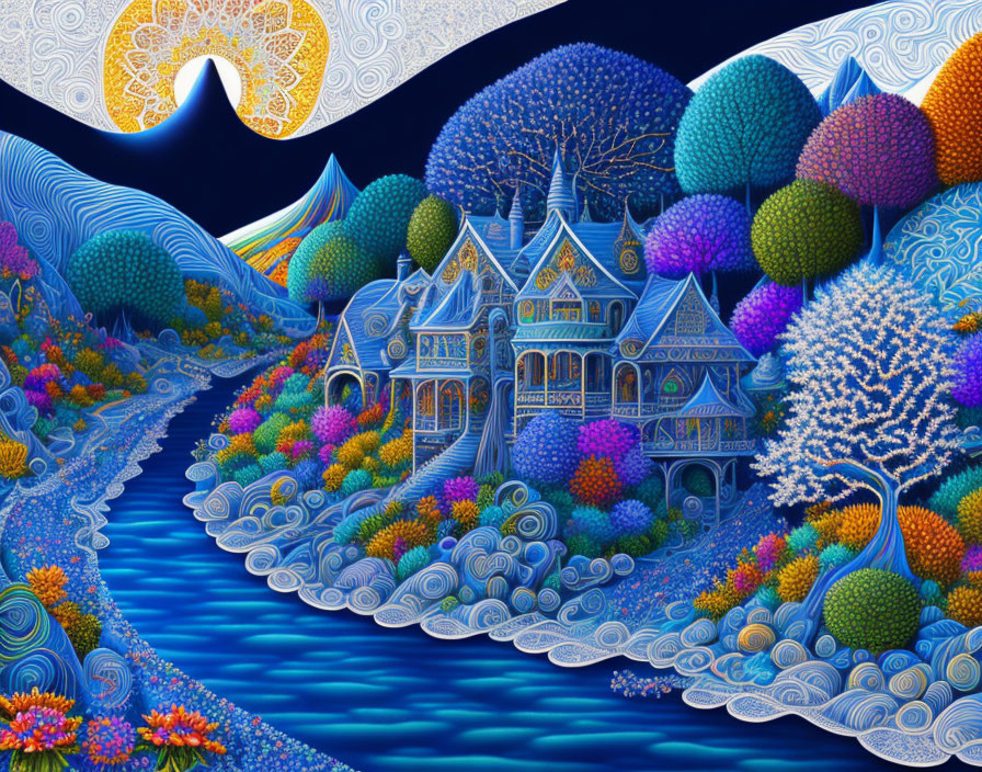 Colorful whimsical illustration of a Victorian house in a fantastical landscape