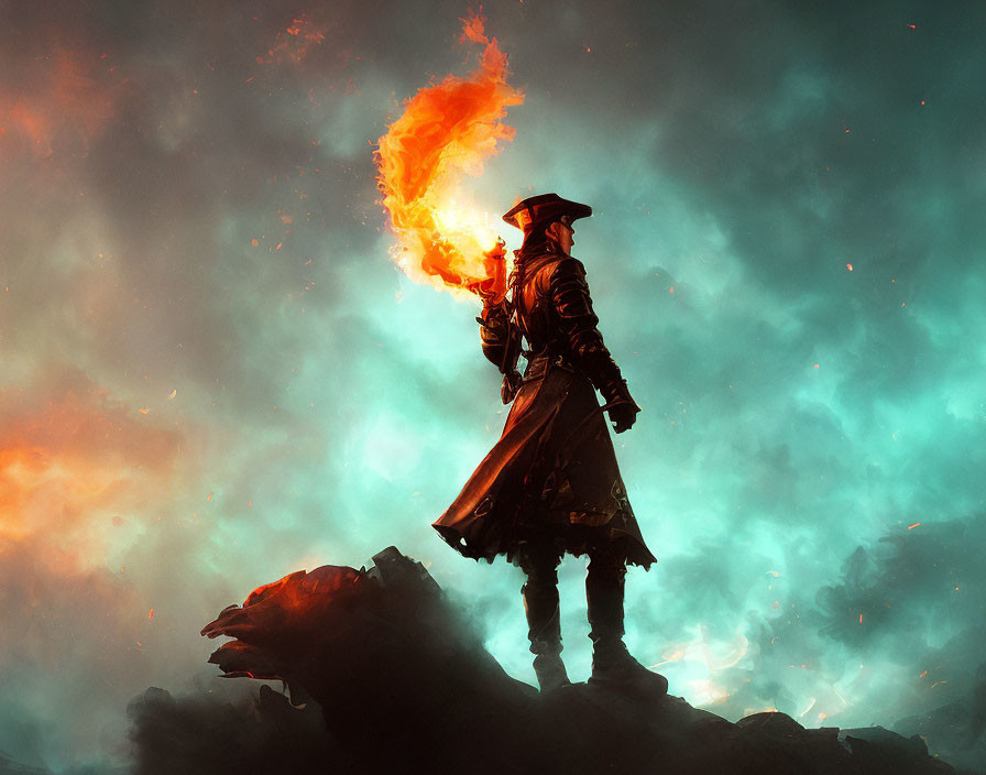 Silhouetted figure in long coat and tricorn hat with flaming torch against dramatic sky