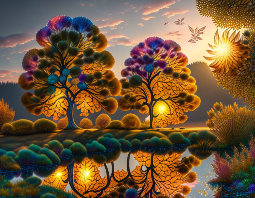 Colorful Stylized Tree Artwork Reflecting in Water at Sunset